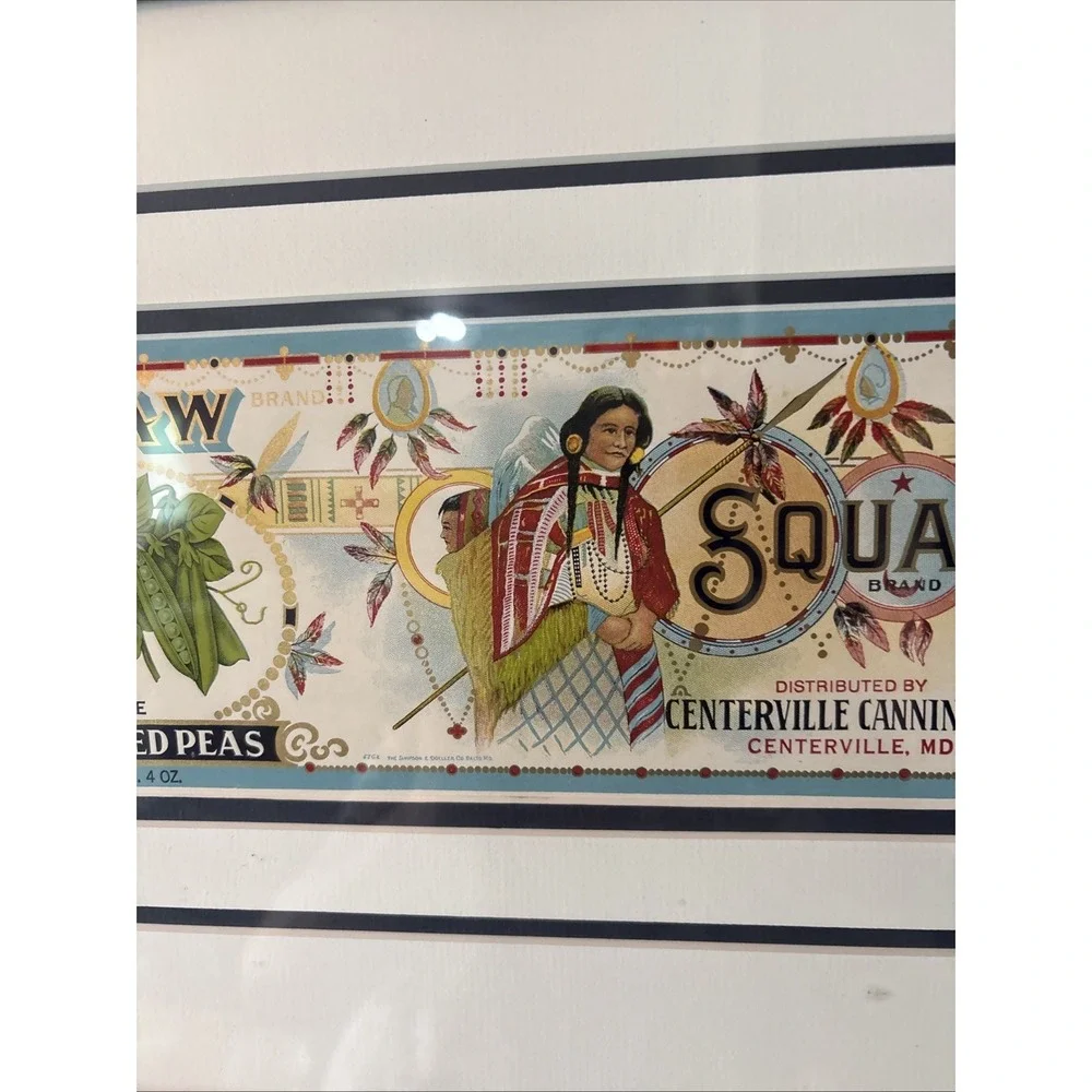 1915 Framed 11x17 Squaw Brand Choice Sifted Peas Label Hand- Rubbed Oak Frame